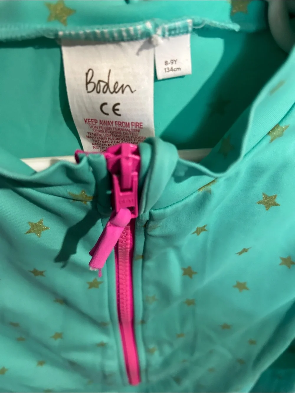 Mini Boden Mint Long-Sleeve Swim Bodysuit with Pink Zip and Gold Stars